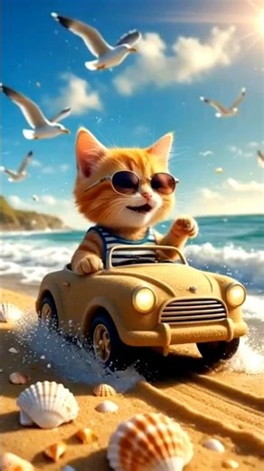Beach Par Cool Cat Driving Car 😎🚗 | Summer Vibes Kitty #cat #animalart #mycat #catfunny #cartooncat