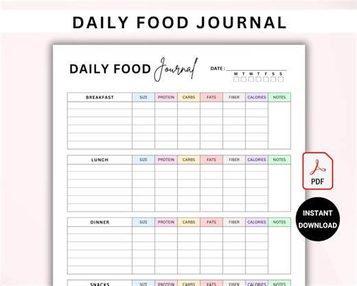 Food Journal Printable | Daily Calorie Tracker | Meal Tracker & Food Log | Meal Journal | Fitness Diet Diary | Eating Journal PDF Download - Etsy
