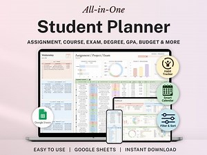 Academic Student Planner Google Sheets Excel Assignment Tracker Spreadsheet University Study Planner Class Timetable Degree GPA Calculator - Etsy