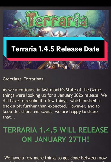 Terraria 1.4.5 Release Date Announcement