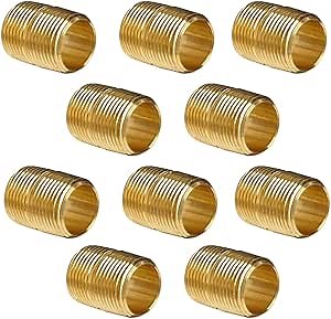 Brass Close Nipple Fitting, 1/2" Male x 1/2" Male NPT, 10 Pack Fully Threaded Adapters for Connecting Fluid Hoses, Hydraulic Lines and Air Systems
