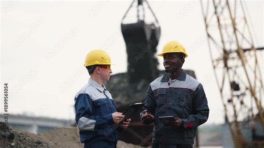 Two industry engineers caucasian and africa are controlling operation of crane on sand quarry.