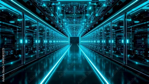 Glowing data center corridor with illuminated server racks and reflective floor showing secure computing infrastructure and high performance technology