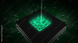 Cyber security concept with fingerprint hologram over working cpu in background. Concept of personal identification technology, system safety and identification. 3D flight over circuit board.