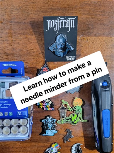 Alright, so here is how I make needle minders from pins. Get a pair of diagonal pliers. Snip off the pin part, then ground down what's left with a Dremel or other rotary cutting tool. Use a pair of leather gloves or something similar because the pin will get VERY hot. Then get gel super glue and add a small amount and place a magnetic button the size you think would be best. I've added links below to the items I used in the video. Just copy and paste into your web browser. Hope the video helped 