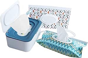 Wipes Dispenser with 2Pcs Portable Refillable Wipe Holder,Reusable Large Wipe Holder Box Flushable Wipes Case Bathroom Wipes Container for Pet Nursery Kitchen Office Counter(White-Blue)