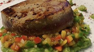 Seared Ahi Tuna Steak With Mango Salsa And Wasabi-Avocado Cream Recipe by Tasty