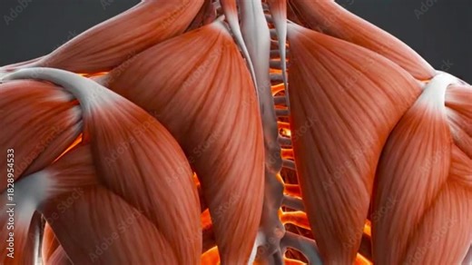 Close up view of human anatomy showing muscles and spine with bright orange glow effect on the shoulder