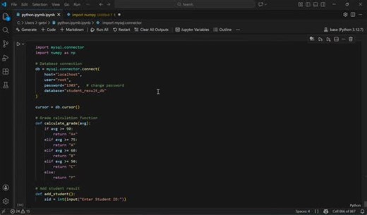 Ipcs Tambaram on Instagram: "Management System using Python, NumPy & MySQL 📊🐍 Calculates total, average, and grades automatically — learning real-world database integration step by step! 💻✨ #Python #MySQL #NumPy #StudentProject #DataHandling LearningByDoing"