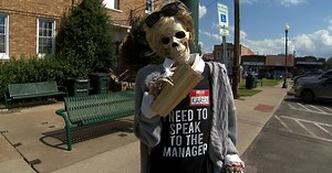 "Halloween town!" Skeletons welcome you to downtown Centerville
