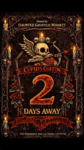 @hauntedgroundsmarket on Instagram: "ONLY 2 DAYS UNTIL CUPID’S COFFIN! The countdown is on… and this is not a drill. Step into the ultimate spooky shopping playground with 30+ jaw-dropping vendors, live music, killer cosplay, mouth-watering food & drinks, eerie photo ops, and wicked family fun—all while supporting your favorite local artists and small businesses. This is the Valentine’s event everyone will be talking about. Blink and you’ll miss it. Saturday, February 7th, 2026 12PM–8PM 936 Palo