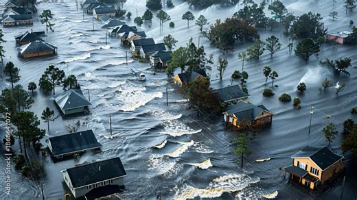 Flooding impacts a residential area as houses sit submerged in water after heavy rainfall. Trees and power lines are seen in the background, highlighting the storm's effects on the community