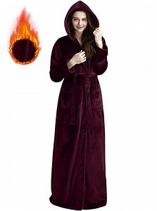 Women's Long Hooded Robe Luxurious Flannel Fleece Bathrobe with Mid-calf Ankle Full Floor Length