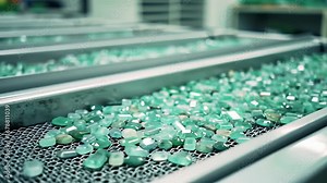 Inside Emerald Sorting and Grading Workshop Rows of Stainless Steel Trays Filled with Green Emeralds Undergoing Examination and Classification Process for Jewelry and Gemology