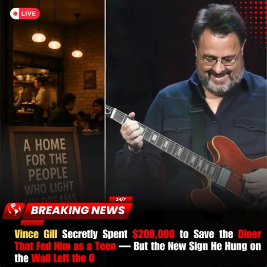 Vince Gill Secretly Spent $200,000 to Save the Diner That Fed Him as a Teen — But the New Sign He Hung on the Wall Left the Owners in Tears The small-town diner had been hanging by a thread, its neon lights flickering and the smell of fresh pies fading into memory 🍎✨. Then, without warning, Vince Gill quietly stepped in, writing a check for $200,000 💸—enough to keep the place that had shaped his teenage years alive. The staff had no idea who the mysterious benefactor was… until the day he retu