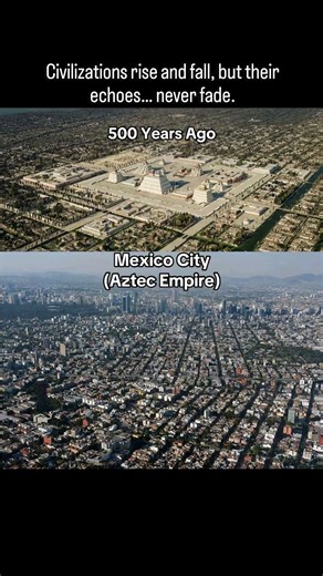 AmazeX India on Instagram: "500 Years Apart… Same Land, Different World. The top image shows Tenochtitlán, the magnificent capital of the Aztec Empire, built on an island in the middle of a lake over 500 years ago. The bottom image is modern Mexico City, standing on the same ground where temples, canals, and stone roads once flourished. Civilizations may vanish, but their foundations remain buried in time — silently reminding us how far humanity has come. 🌍 #AmazeXIndia #HistoryOfTheWorld #Anci