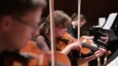 Focus on a young woman playing the violin with a string quartet and...