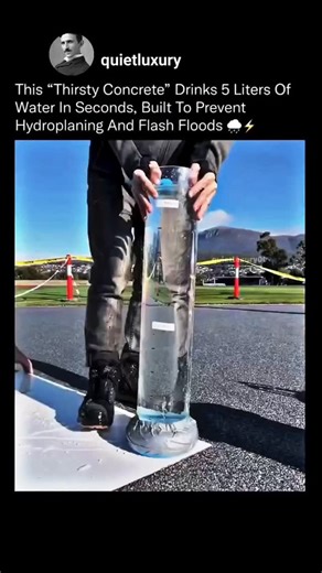 quietluxury on Instagram: "Most roads force water to pool on the surface. This one makes the water disappear right in front of your eyes ⚙️🌊 This technology is called pervious concrete, engineered to solve one of the most dangerous problems in transportation: standing water. Traditional concrete is packed tightly with fine sand that seals every microscopic gap, creating a watertight barrier. Pervious concrete removes that fine sand completely, leaving only coarse aggregate bound together by cem