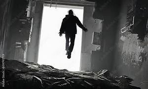 A figure levitates in a dimly lit room, surrounded by debris and a bright light source. Stock Video