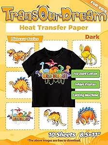 TransOurDream Dark Heat Transfer Paper for Inkjet Printer (10 Sheets, 8.5x11") Iron on Transfers for Dark Fabric, Printable Heat Transfer Vinyl for T Shirts, Stretchable & Washable