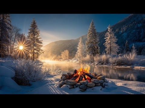 Winter River Campfire 🔥 Calm Morning Ambience with Crackling Fire Sounds