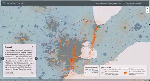 What a typical day of particulate pollution looks like in Detroit via @ClimateTRACE, showing prevailing conditions, a day when plumes show how communities in this area were most often exposed to pollution. You can also view worst conditions, when plumes show the greatest exposure