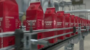 Animation of the packaging process automation at the plant. Industrial equipment involved in the complex packaging process automation. Automation of the packaging process of cherry juice products.