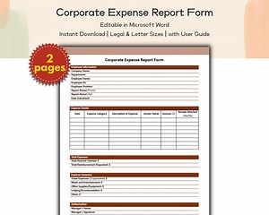 Corporate Expense Report Form – Editable and Printable Template for Tracking Business Expenses, Reimbursements and Financial Records - Etsy