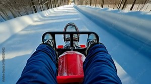 A thrilling pov of sledding down a snowy track with vibrant colors. Concept of winter sports and adrenaline-fueled recreation. Stock Video