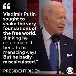 President Biden continued his heavy criticism of Vladimir Putin during his State of the Union address on Tuesday night. Biden said Russia's president "badly miscalculated" his invasion into Ukraine, but "met a wall of strength he never anticipated," the Ukrainian people. https://cbsn.ws/3K9hVyD | CBS News
