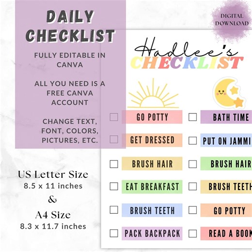 Editable Checklist Template, Printable Routine Chart, Canva to Do List for Kids & Adults, ADHD Organizer - Etsy