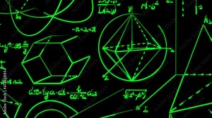Animation of mathematical equations and formulae floating over a grid on black background. Science and research concept digitally generated image
