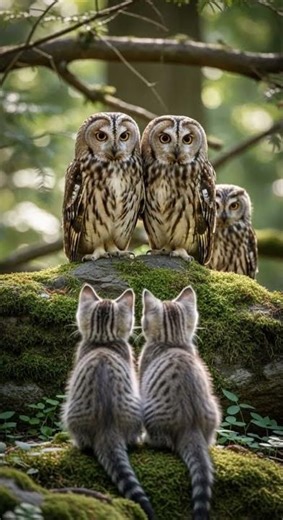 Cats Visit Their Owl Friends in the Backyard Magical Night Encounter #cats #owls #wildlife