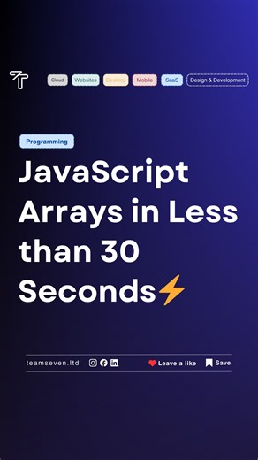 Teamseven (Private) Limited on Instagram: "JavaScript Arrays in less than 30 Seconds ⏱️🔥 Arrays help you store multiple values in a single variable, simple, powerful, and essential for every JS developer. If you’re starting JavaScript, this is something you must understand 💻✨ Save this reel 📌 Follow for more quick JS tips 🚀 #JavaScript #JavaScriptArrays #LearnJavaScript #JSBasics #WebDevelopment #FrontendDevelopment #CodingReels #CodeNewbie #ProgrammingTips #DeveloperLife #LearnToCode #TechR