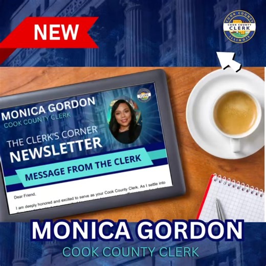Check out the latest edition of "The Clerk’s Corner" – your go-to source for updates on elections, services, and all things Cook County! Dive into the newsletter now and subscribe to stay informed every step of the way: http://eepurl.com/jopoTY #TheClerksCorner #CookCountyClerk #StayInformed #CivicEngagement #MonicaGordon #PublicService #NewsletterAlert #clerkgordonhasyourback | Cook County Clerk Monica Gordon