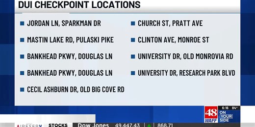 Huntsville police set DUI checkpoints Friday night across major roads