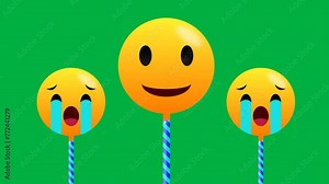 One laughing and two crying emoji isolated on green background with swinging motion. Cute and funny emoji. Stock Video