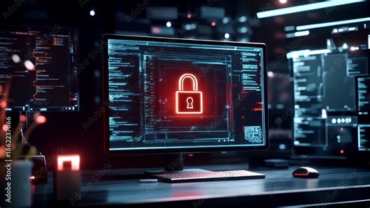 Firewall protection. Internet cyber security. Hightech. Technology. Encryption and decryption. A computer monitor displaying a lock icon on its screen.