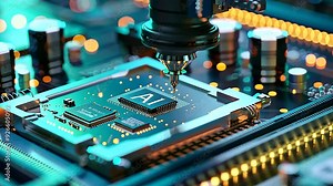 A close-up perspective of automated equipment flawlessly embedding the AI signature onto freshly fabricated computer chips in a modern production facility