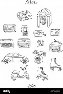 Vector retro set with antique tech, car, scooter, juke box, radio, typewriter, roller skates, cameras and vinyl record player. Hand drawn collection Stock Vector Image & Art - Alamy