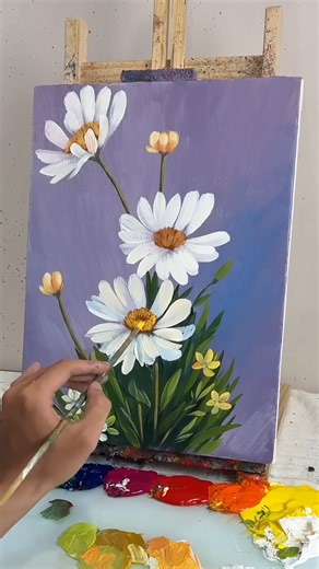 How to Paint White Daisies on Purple Background | Easy Acrylic Flower Painting Tutorial | Acrylic Skills