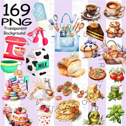 Watercolor Kitchen Clipart, Baking Tools, Food Graphics (V183) - Etsy