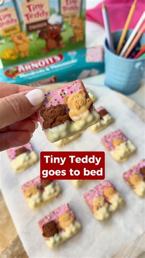 Arnott's Biscuits on Instagram: "If there’s one treat the kids will love making these school holidays, it’s these adorable Sleeping Tiny Teddy biscuits! What you'll need: - 100g white choc melts - 1 pack Tiny Teddy of your choice - 1 pack Hundreds & Thousands biscuits Step 1: Melt 100g of white choc melts. Step 2: Paint a little chocolate onto the back of 1 or 2 Tiny Teddy biscuits and stick them on top of a Hundreds & Thousands biscuit. Step 3: Stand for 5 minutes to set. Step 4: Dip bottom hal