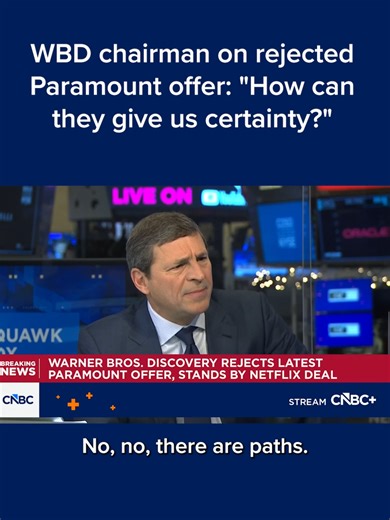 The #Warner Bros. Discovery board recommended that shareholders reject a hostile takeover offer from #Paramount Skydance, saying it continued to believe the Paramount bid is “inferior” to a previously announced deal with #Netflix. “We have a signed merger agreement with Netflix, it’s a compelling value, a clear path to closing and protections for our shareholders if something stops the close, whatever that might be,” WBD board Chairman Samuel Di Piazza told CNBC’s David Faber on “Squawk Box” on 