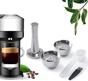 For Nespresso Vertuo Pods Upgrade Version For Vertuo Next Coffee Brewer To Make 230 ML Crema Coffee, Stainless Steel Capsule Reusable Pods For Vertuo Next, 2 Capsules 1 Tamper