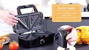 FOHERE Sandwich Maker 3 In 1 Waffle Maker With Removable Plates,1200W Grilled Cheese Maker, 5-gear Temperature Control, Non-stick Coating Easy to Clean, Indicator Lights, Silver/Black