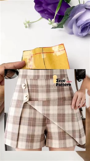 Asymmetrical wrap skorts with a soft plaid finish✂️🤎 #patternmaking #sewing #fashion #pants