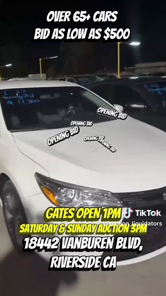 Saturday Public Car Auction 3pm Gates open 1pm for early preview Si hablo espanol 18442 Vanburen blvd. Riverside, Ca 92508 (If you are in a different state we now also have our online auctions 4pm (PST) Tuesday & Thursday @ Autoauctionsnearme.com PH0NE - 909 333 8413 instagram and tick tock pages @auction_liquidators @auto_auctions_near_me **Over 65 cars and trucks Saturday* Schedule: Sunday - 2pm Saturday- 2pm Tuesday 7pm Thursday 7pm Sunday 2pm **WARRANTIES ON ALL VEHICLES** #cars #PublicAucti