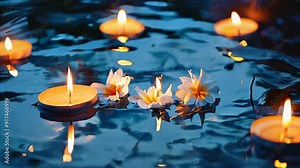 Evening scene of floating flowers with lit candles on still water, evoking tranquility and serenity.