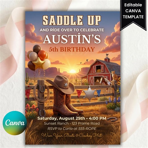 Cowboy Birthday Invitation Template - Western Ranch Party Invite for Him, Editable Digital Download